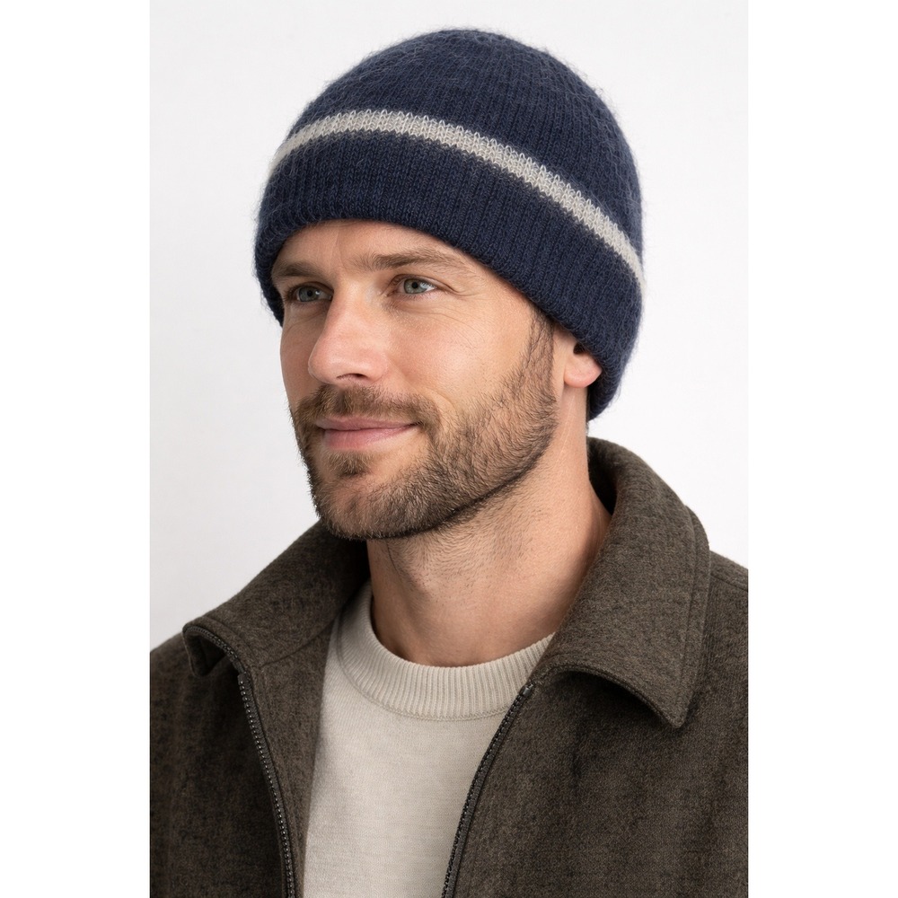 Vtg Wigwam Mohair Wool Blend Beanie‎ Hat Unisex OS Blue Striped Knit USA Retro